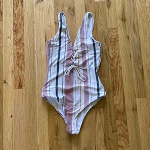 Stripe One Piece Swimsuit Deep V